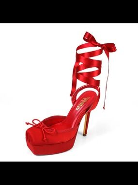 Adiva Red Satin Platform Stiletto with Ribbon Wrap